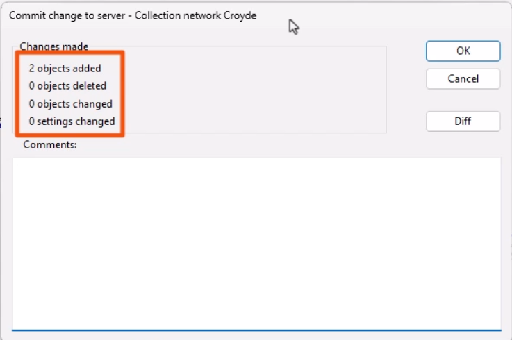 The Commit change to server dialog, with the summary of changes highlighted in red.