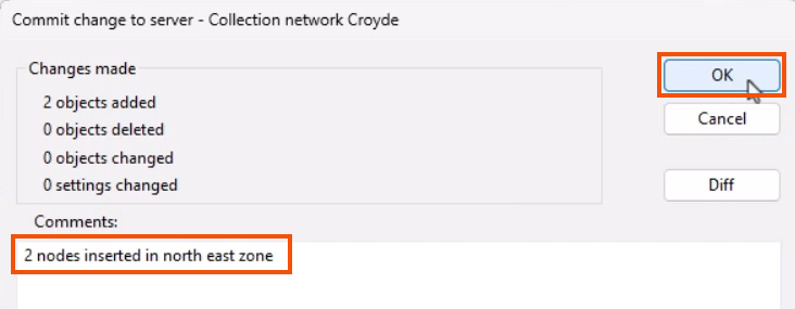 The Commit change to server dialog, with a comment added and highlighted in red, and OK being selected and highlighted in red.