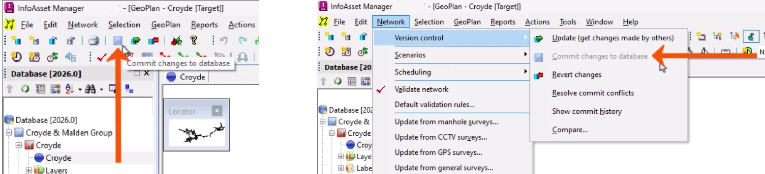 On the left, the File toolbar, with the Save tool called out with a red arrow. On the right, the Network menu expanded, with Version control selected, and in the flyout, Commit changes to database called out with a red arrow.