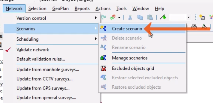 The Network menu expanded, with Scenarios selected, and in the flyout, Create scenarios being selected and called out with a red arrow.
