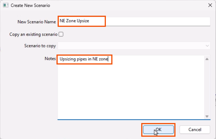 The Create New Scenario dialog, with a name entered, notes added, and OK being selected, all highlighted in red.
