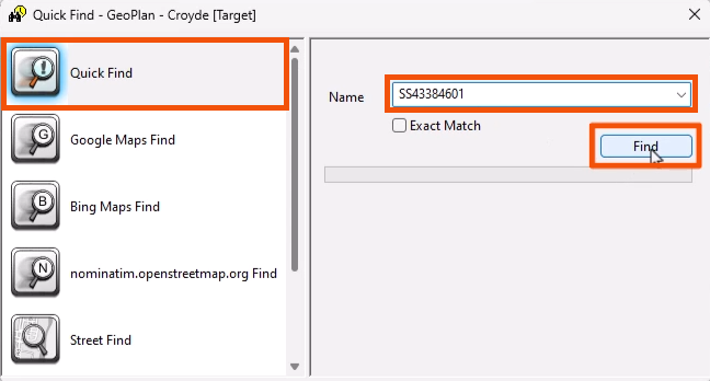 The Quick Find dialog, with Quick Find selected, a Name entered, and Next being selected, all highlighted in red.