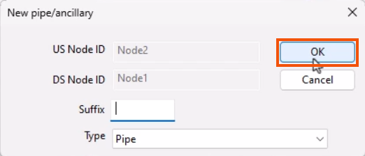 The New pipe dialog, with OK being selected and highlighted in red.