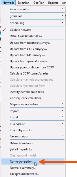The Network menu expanded, with Name generation being selected and called out with a red arrow.