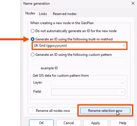 In the Name generation dialog, Generate an ID using the following built-in method selected and called out with a red arrow, with the drop-down set to UK Grid and Rename selection now being selected, both highlighted in red.