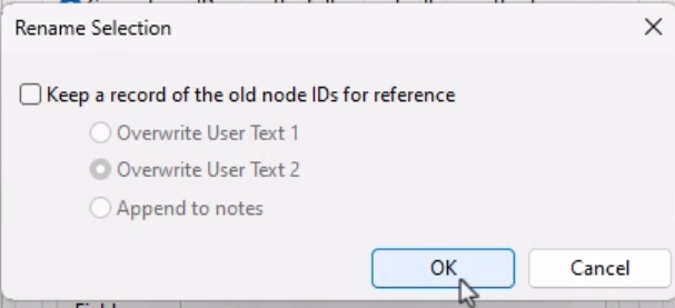 A popup with the option to Keep a record of the old node IDs for reference, with OK being selected.