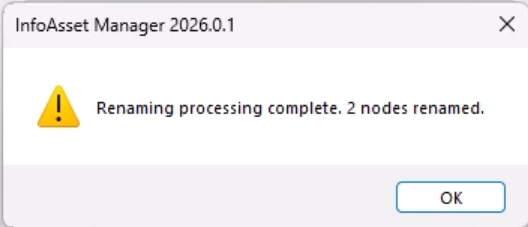 A message confirming that the two nodes were renamed successfully.