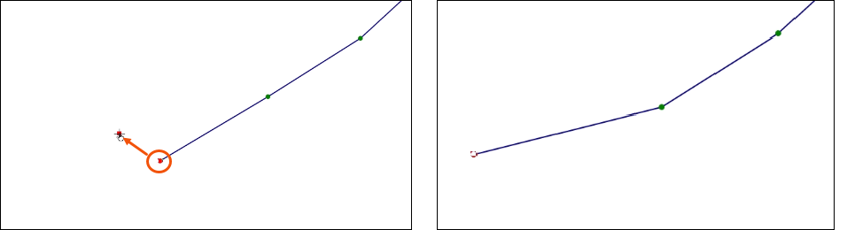 On the left, a node selected and highlighted in red, and the node being moved to a new location, called out by a red arrow. On the right, the new location for the node completed, and the connecting line adjusted.