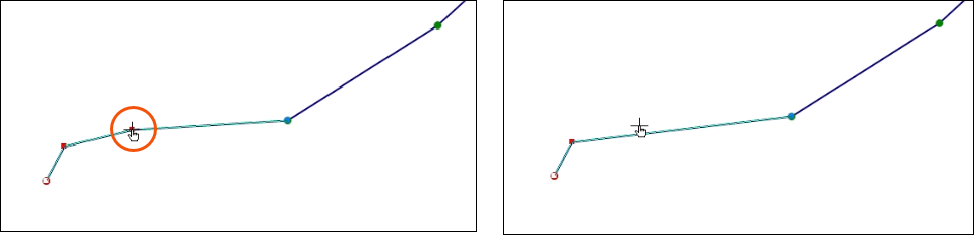 On the left, the cursor hovering over a vertex with the cross visible, highlighted in red. On the right, the same link after deleting the vertex.