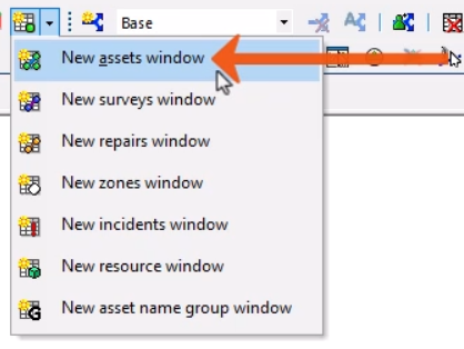 On the Windows toolbar, the Grid windows drop-down expanded, with New assets window being selected and called out with a red arrow.