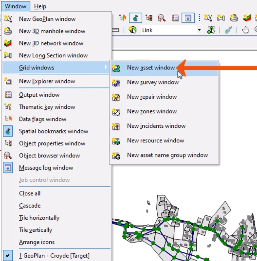 The window menu expanded, with Grid windows selected, and, in the flyout, New asset window being selected and called out with a red arrow.