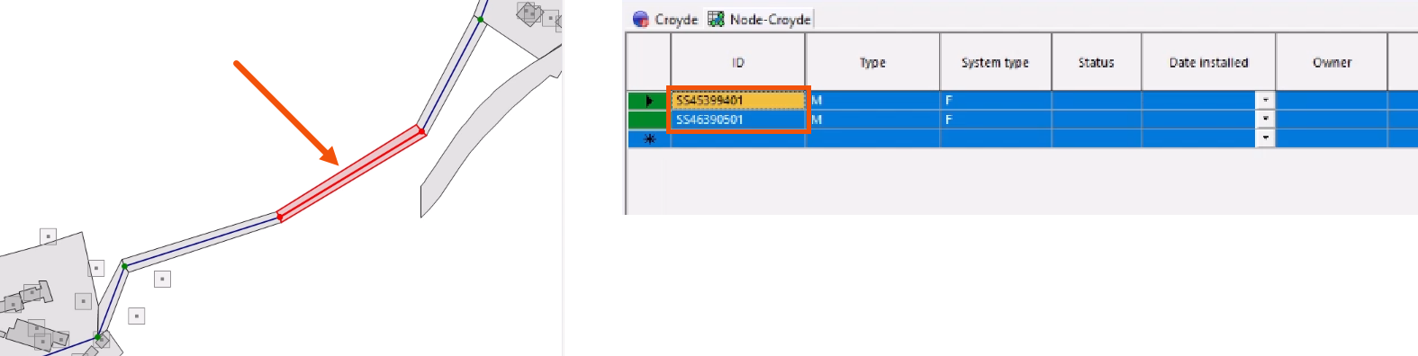 On the left, the GeoPlan with objects selected and called out with a red arrow. On the right, the grid window with the selected object IDs highlighted in red.