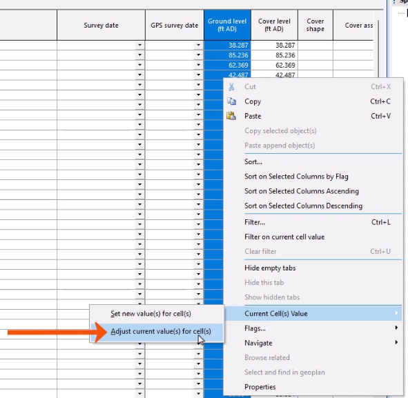 In the selected Ground level column, the context menu expanded with Current Cell(s) Value selected, and in the flyout, Adjust current value(s) for cell(s) being selected and called out with a red arrow.