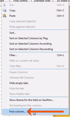 The context menu for a column header expanded, with Find column being selected and called out with a red arrow.