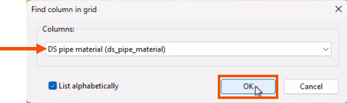The Find column in grid dialog, with DS pipe material selected and called out with a red arrow, and OK being selected and highlighted in red.