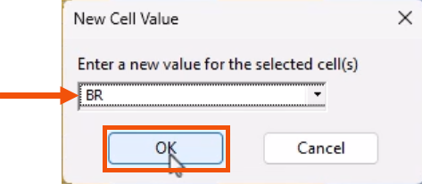 The New Cell Value dialog, with BR selected and called out with a red arrow, and OK being selected and highlighted in red.