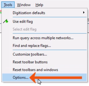 The Tools menu expanded, with Options being selected and called out with a red arrow.