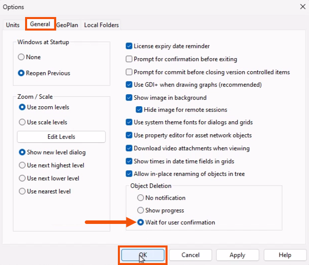 The Options dialog, with the General tab selected and highlighted in red, Wait for user confirmation selected and called out with a red arrow, and OK being selected and highlighted in red.
