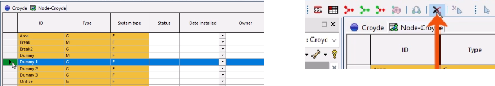 On the left, a grid window with an object selected, and on the right, the toolbar with Delete selection being clicked and called out with a red arrow.
