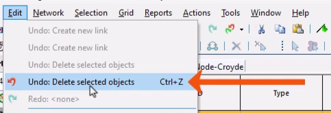 The Edit menu expanded, with Undo Delete selected object being selected and called out with a red arrow.