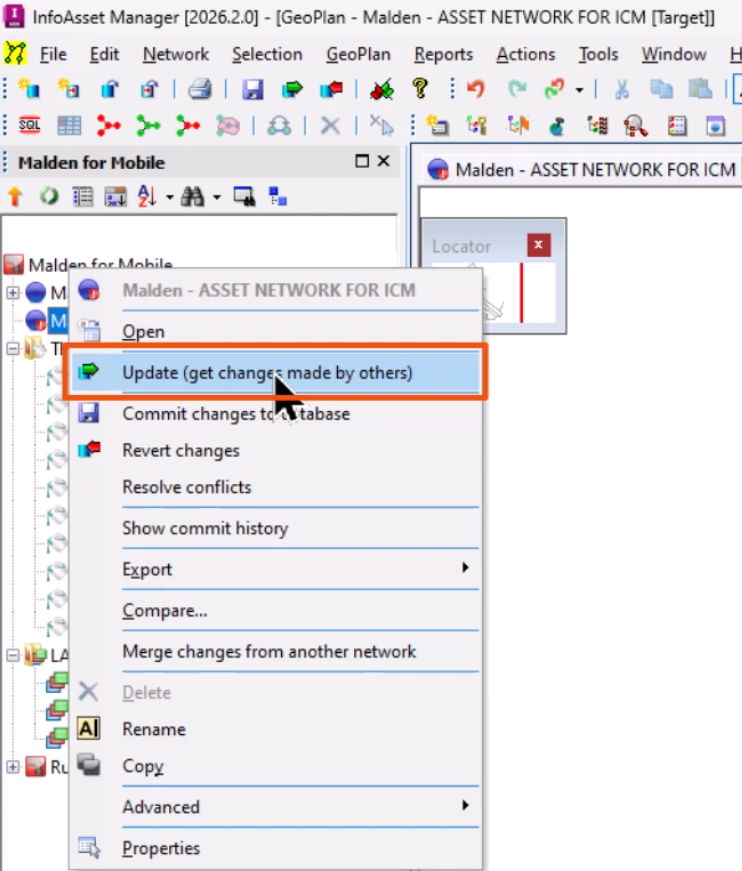 From the Explorer window, the context menu for the database item expanded, with choose Update (get changes made by others) selected and highlighted in red.