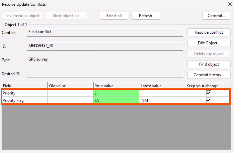 In the Resolve Update Conflicts dialog, in the grid, two conflicts for the object highlighted in red.