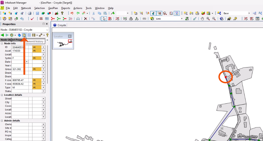 In the InfoAsset Manager interface, a node selected and highlighted in red in the GeoPlan, and in the corresponding property sheet toolbar, Commit history being selected and called out with a red arrow.