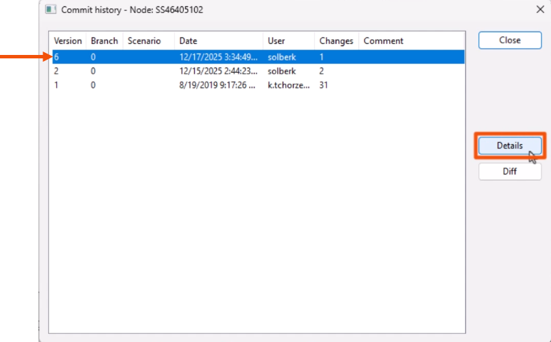 The Commit history dialog, with a row selected and called out with a red arrow, and Details being selected and highlighted in red.