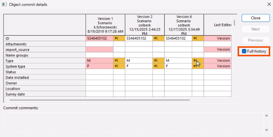The Object commit details dialog, with Full history selected and highlighted in red and the full history details displayed.