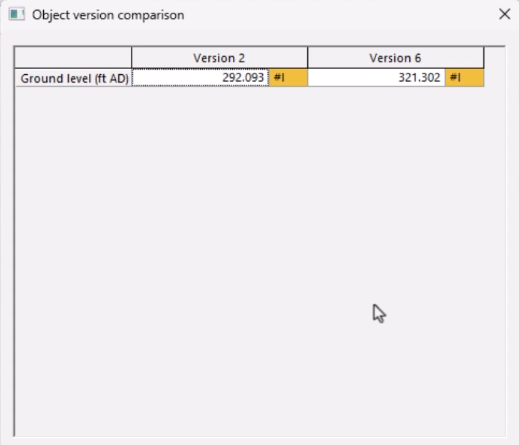 In the Object version comparison dialog, a grid showing the different ground levels of the selected items.