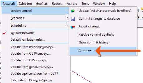 The Network menu expanded, with Version control selected, and in the flyout, Compare being selected and called out with a red arrow.
