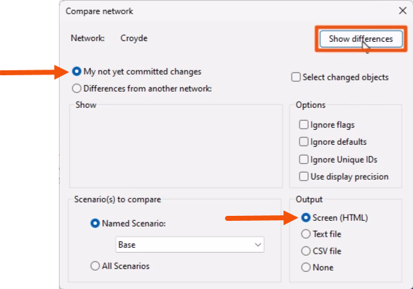 In the Compare network dialog, My not yet committed changes selected and an Output of Screen (HTML) selected, both called out with red arrows, and Show differences being selected and highlighted in red.