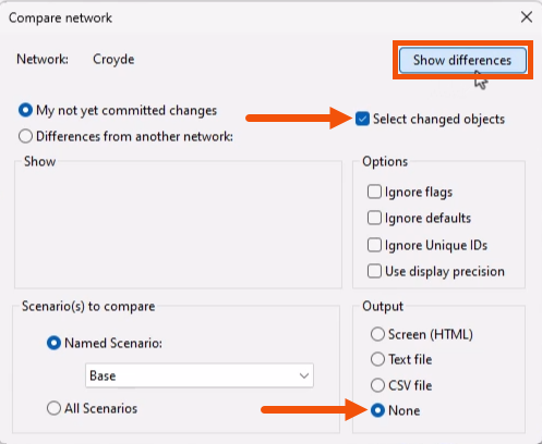 The Compare network dialog, with the Output set to None and Select changed objects enabled, both called out with red arrows, and Show differences being selected and highlighted in red.