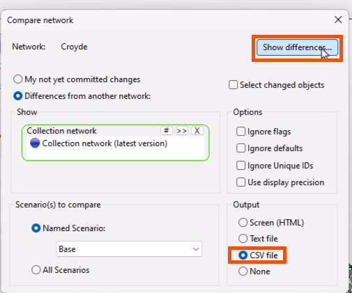 In the Compare network dialog, CSV file selected for the Output and Show differences being selected, both highlighted in red.