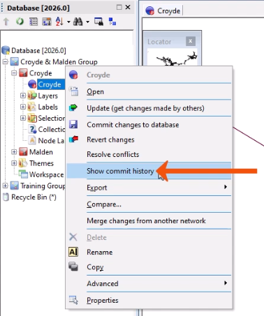 The Explorer window, with the context menu for the Network expanded, and Show commit history being selected and called out with a red arrow.