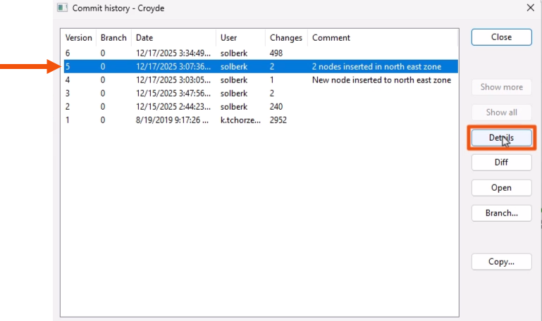 The Commit history dialog, with a version selected and called out with a red arrow, and Details being selected and highlighted in red.