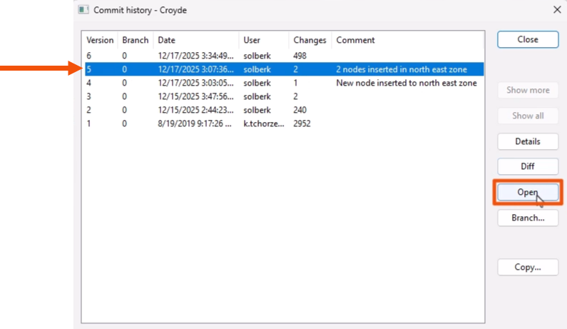 The Commit history dialog, with a row selected and called out with a red arrow, and Open being selected and highlighted in red.