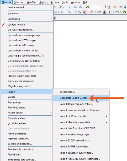 The Network menu expanded and Import selected, and, in the flyout, Open Data Import Center being selected and called out with a red arrow.