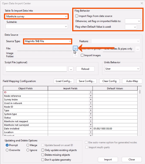 In the Open Data Import Center dialog, settings configured for this example and highlighted in red, with Browse being selected and called out with a red arrow.