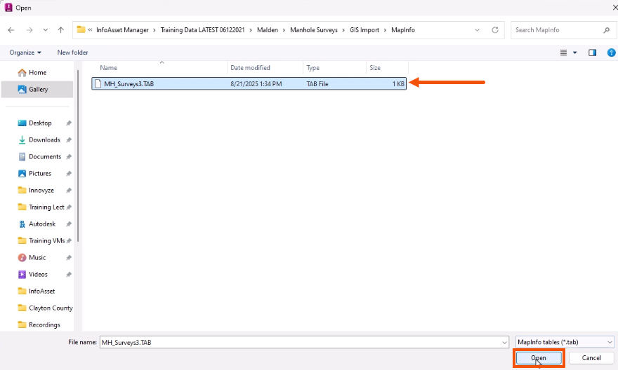 The Open dialog, with the GIS TAB file selected and called out with a red arrow, and Open being selected and highlighted in red.