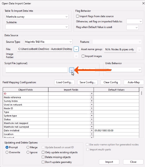 In the Open Data Import Center dialog, under Script File, Browse being selected and called out with a red arrow.