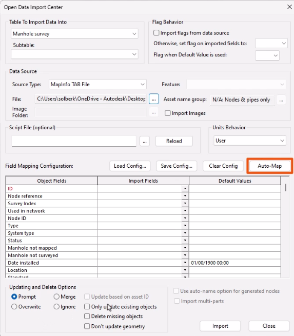 The Open Data Import Center dialog, with Auto-Map highlighted in red.