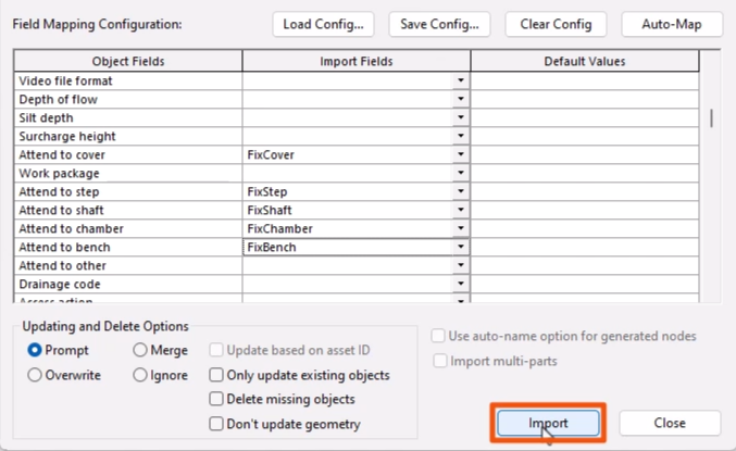 In the ODIC, data fields mapped in the grid table and Import being selected and highlighted in red.