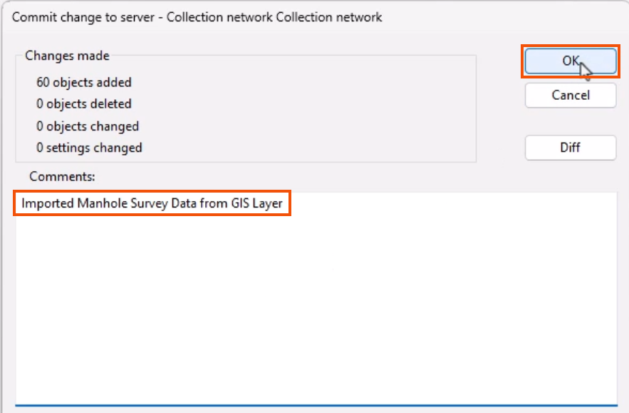 The Commit change to server dialog, with comments added and OK being selected, both highlighted in red.