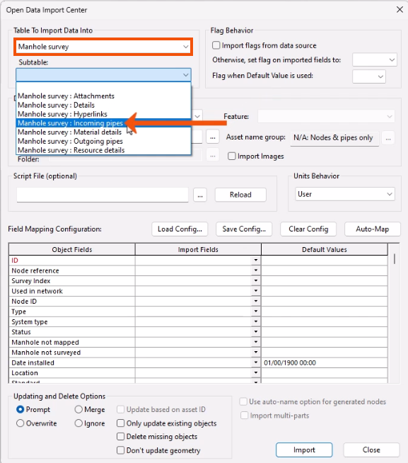 In the Open Data Import Center dialog, Table to Import Data Into set to Manhole survey and highlighted in red, and the Subtable drop-down expanded, with Manhole survey : Incoming pipes being selected and called out with a red arrow.
