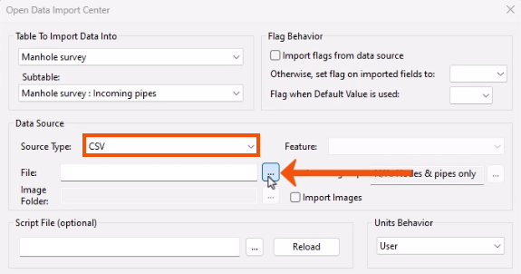 In the Open Data Import Center dialog, the Source Type set to CSV and highlighted in red, and next to File, Browse being clicked and called out with a red arrow.