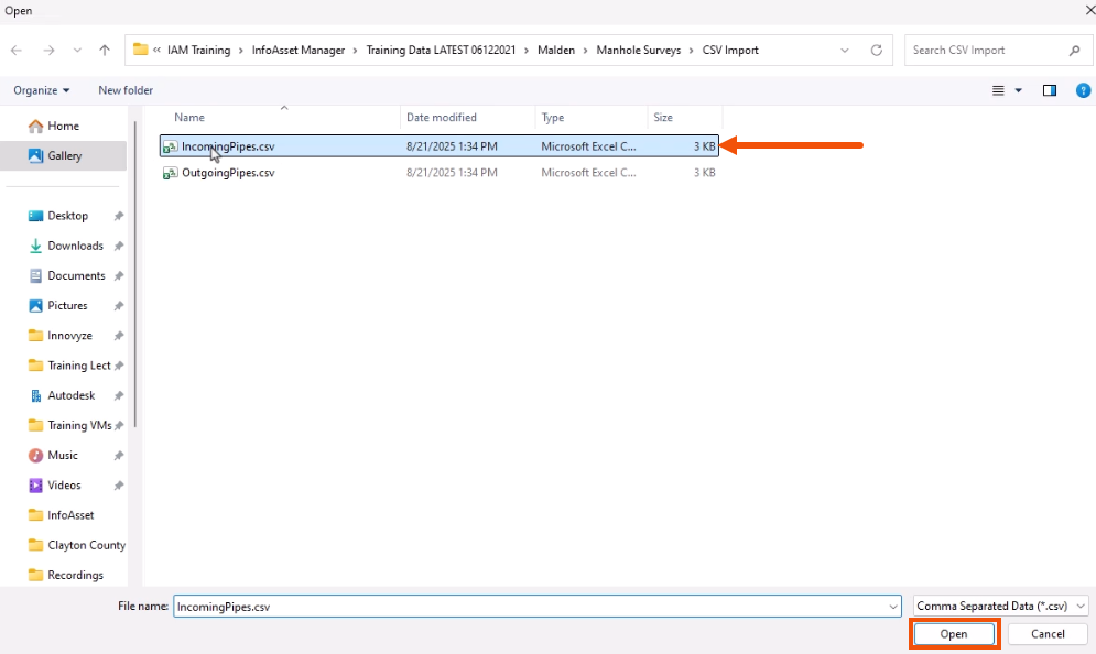 The Open dialog, with the .csv file for this example selected and called out with a red arrow, and the Open button highlighted in red.