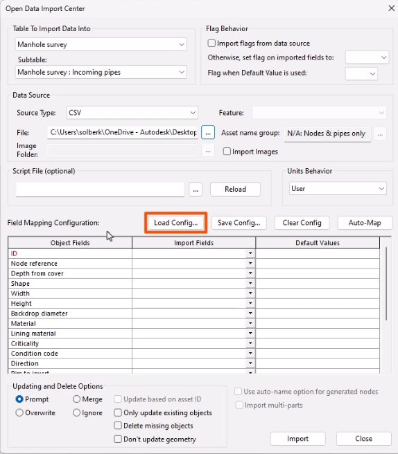 The Open Data Import Center dialog, with the Load Config button highlighted in red.