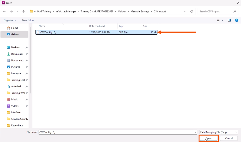 The Open dialog, with the .cfg file selected and called out with a red arrow, and Open being selected and highlighted in red.