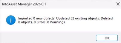 A summary popup showing no new objects imported and 52 existing objects being updated.